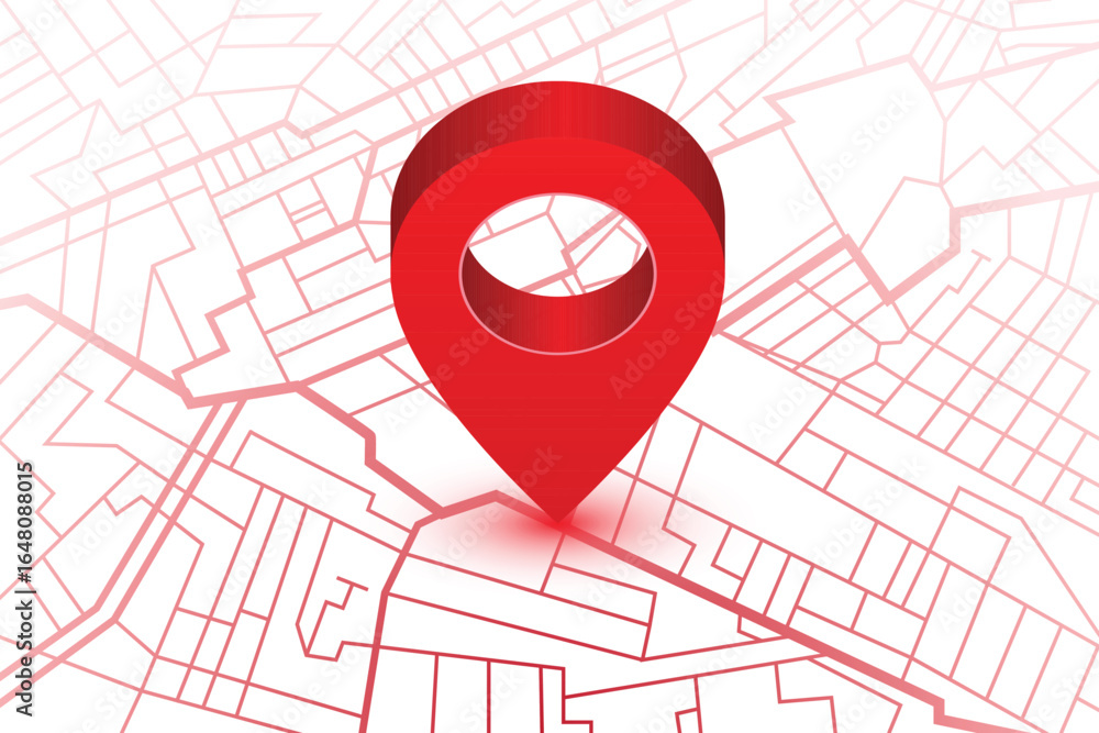 Poster a red location pin is shown on a map representing navigating roads, paths, streets. this abstract vi