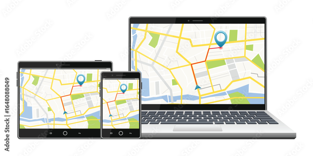 Poster a laptop, tablet, and smartphone display a navigation application, showing a map with a red route an