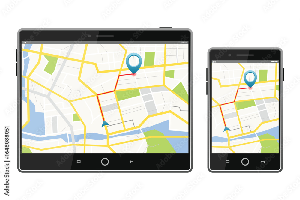 Fototapete a tablet and a smartphone both displaying a map with a route indicated by a red line and a blue loca