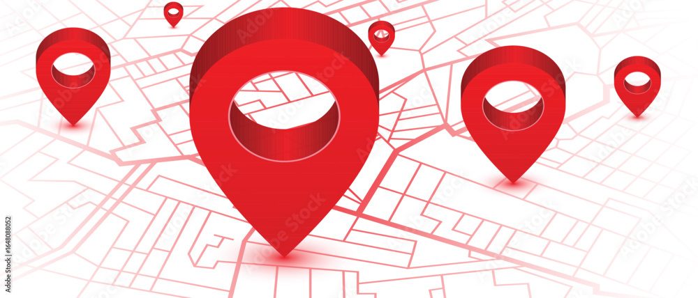 Poster a stylized map image with red pins indicating locations against a white backdrop, featuring thin red