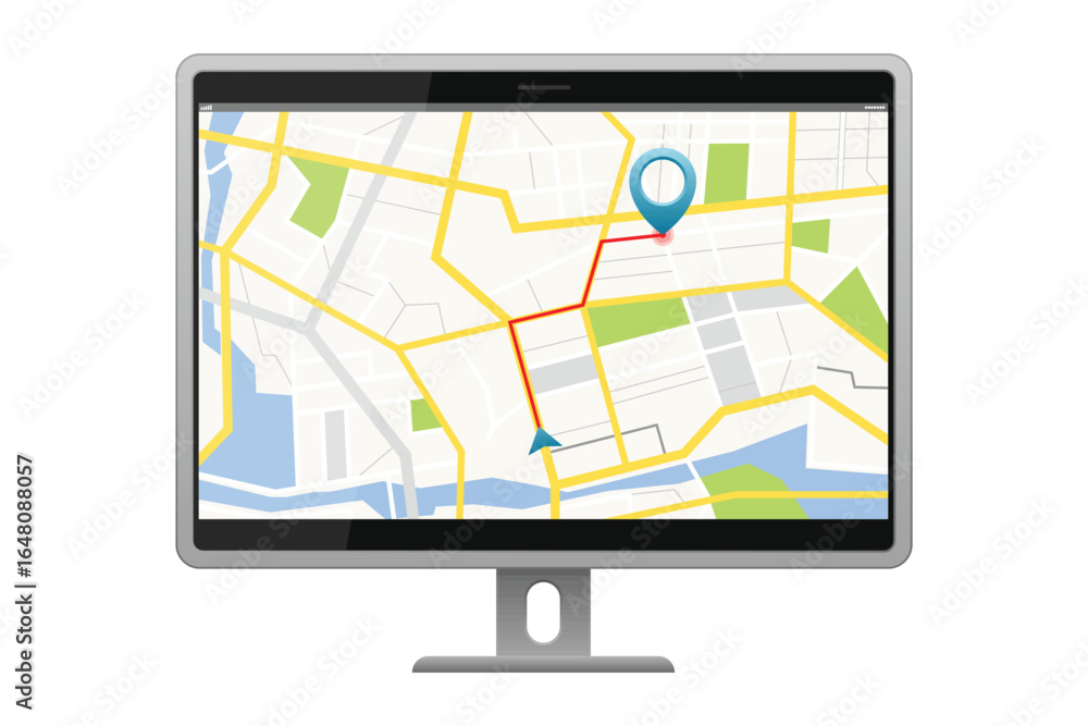 Poster a monitor shows a detailed digital map with an active navigation route highlighted in red, guiding f