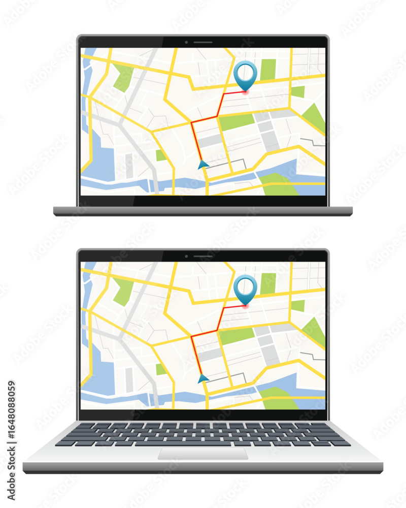 Fototapete two open laptops display city maps. the screens show a route indicated by a red line between a start