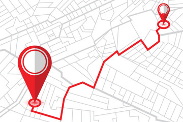 A vector image of a map with a route highlighted in red, connecting two locations marked with red pinpoint icons. The background shows a simplified city street layout.