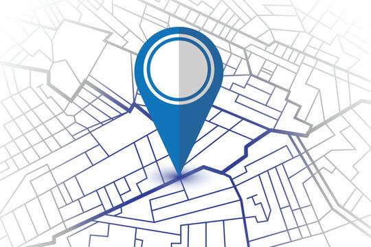 A blue map pointer stands out over a simplified city map, highlighting a precise location amidst streets, ideal for navigation and location-based applications. 