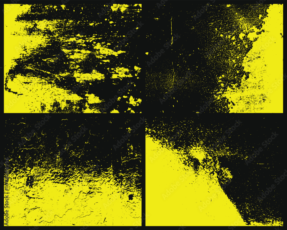 Poster the image displays an abstract textured pattern of black and yellow areas. four frames show the gran