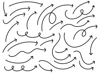 This image showcases a collection of freehand-style arrow illustrations on a plain white background. Black arrows are distinct, with varying curves and swirls.