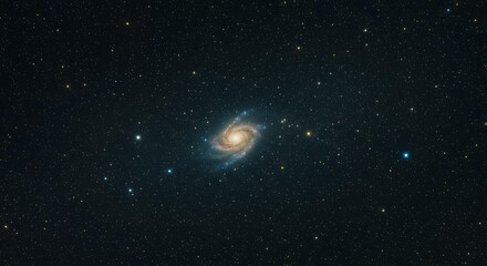 Spiral galaxy with bright stellar core and cosmic dust lanes against starfield background for astronomy and space science projects