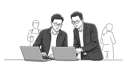 Two professional businessmen collaborating on a project, having a strategic discussion while reviewing data on a laptop in a modern office.