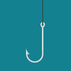 A minimalist illustration shows a silver metal fishing hook suspended by a dark line against a blue background. The hook is the image's focal point.