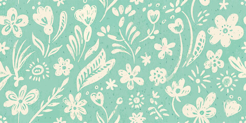 Seamless Teal Floral Pattern, Hand Drawn Flowers,  Botanical Textile Design