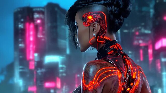 Cyberpunk girl with neon tattoos and implants. Her look and head turn demonstrate independence and strength. Cyborg woman in a neon glow against the backdrop of a night metropolis.