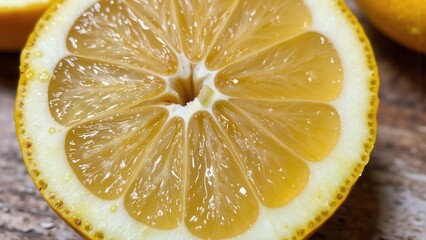 Close-up macro photograph of a juicy lemon slice, vibrant yellow, fresh and healthy, detailed texture, appetizing food image.