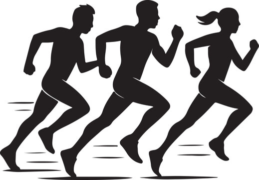 Three black silhouette runners in motion on a white background running silhouettes