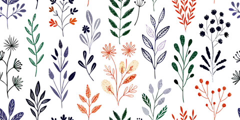 Seamless Floral Pattern, Hand-Drawn Botanical Illustration, White Background