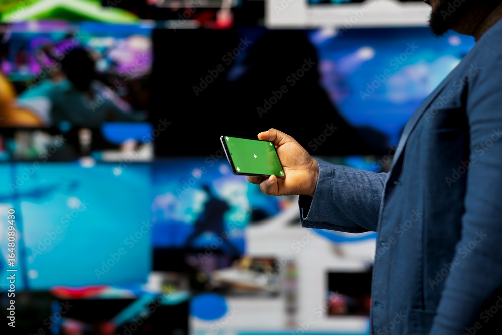 Poster african american user holding a phone with isolated mockup display, digital system of networks and a