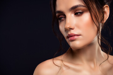 Portrait of a Beautiful Brunette Woman with Flawless Skin and Intricate Makeup, on a Minimalistic...