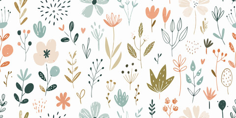 Seamless Pastel Floral Pattern Background, Hand Drawn Flowers, Spring Summer Design