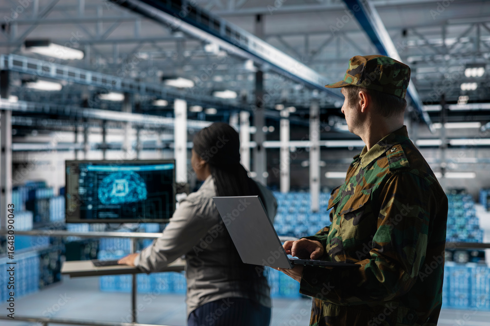 Poster army specialists implementing artificial intelligence to strengthen military network infrastructure.