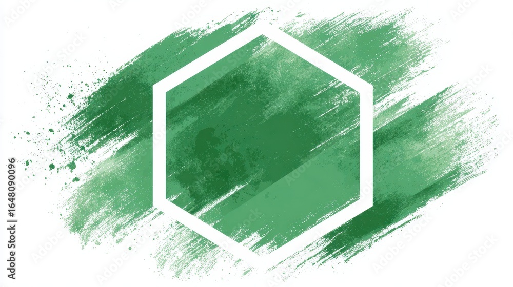 Poster Green brushstrokes and paint splatters framed by white hexagonal border, creating dynamic abstract background with textured artistic composition