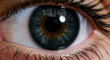 Extreme close-up macro photography of human hazel eye with detailed iris patterns, eyelashes and natural lighting