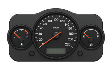 Car dashboard showing speed, fuel and temperature gauges on transparent background