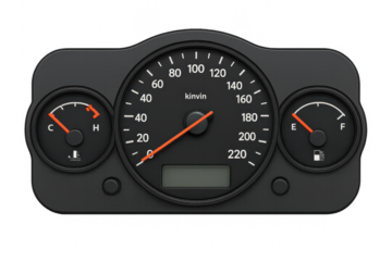 Car dashboard showing speed, fuel and temperature gauges on transparent background