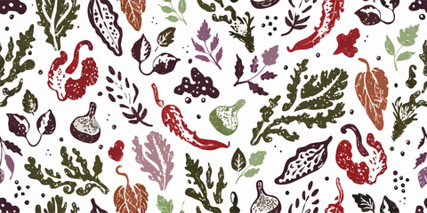 Seamless Pattern: Herbs, Figs, Peppers, Leaves