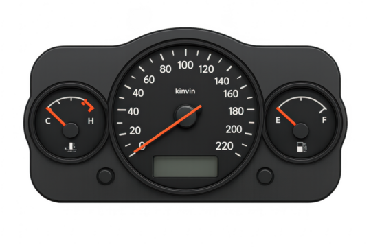 Car dashboard showing speed, fuel and temperature gauges on transparent background