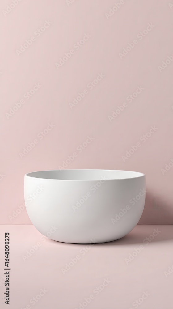 Poster minimalist composition showing white ceramic bowl resting on soft pink surface, complementing pastel