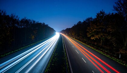 Night Highway with Light Trails and Trees
