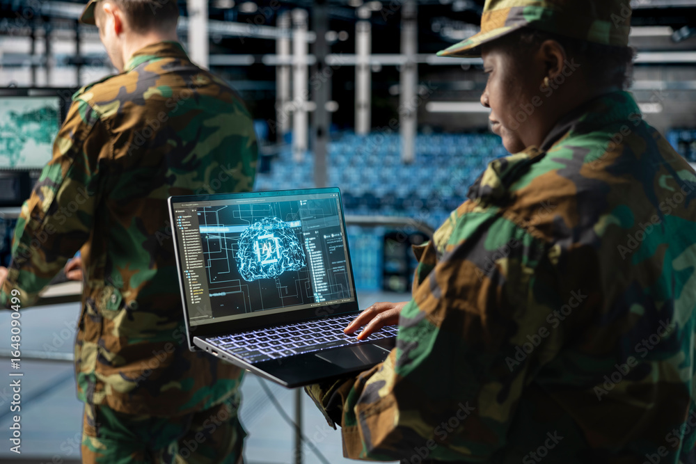 Poster close up of army information technology expert in data center managing ai powered military automatio