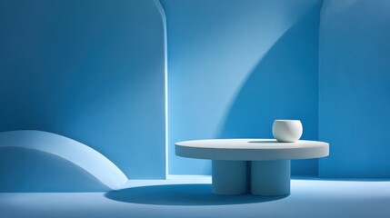 White round table with sturdy legs supporting minimalist white vase against curved blue wall, casting soft light beam for contemporary interior design aesthetic