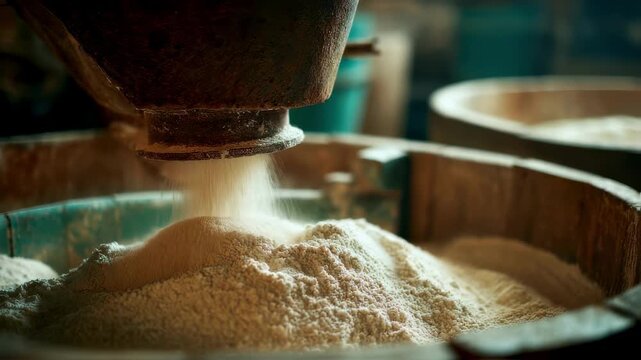 Medium shot showing a vintage flour mill hopper with freshly ground flour flowing through detailed in sharp focus while the bustling CSA workshop softly fades out behind.
