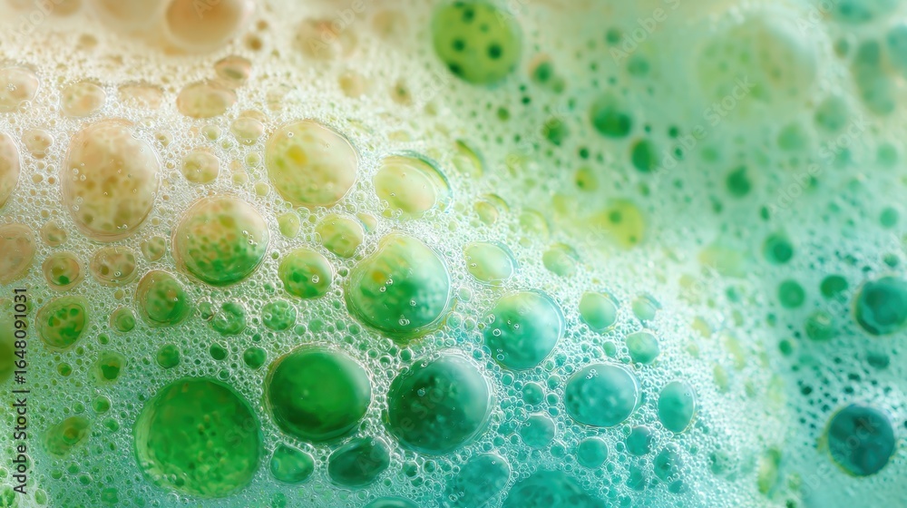 Poster iridescent soap bubbles creating ethereal patterns, merging warm orange with cool green and turquois