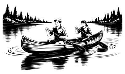  Two people Fishing from Rowboat on Lake in Black and White Vintage Style