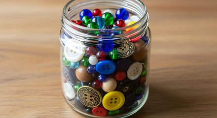 A jar filled with beads and buttons in various hue