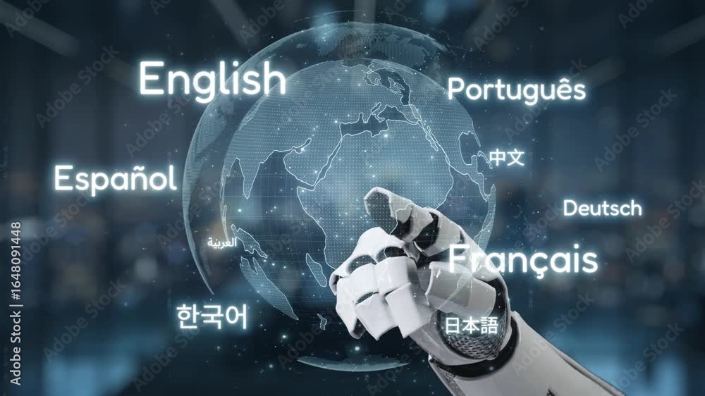 Poster a robotic hand points toward a digital globe filled with various language options, representing the 
