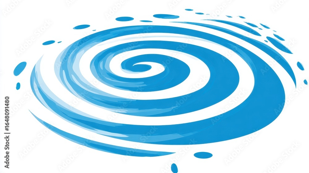 Poster swirling blue water vortex generating dynamic whirlpool pattern, producing cascading splashes repres