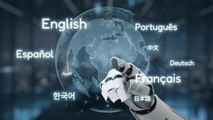 A robotic hand points toward a digital globe filled with various language options, representing the convergence of technology and global communication in education. Auvana - Powered by Adobe