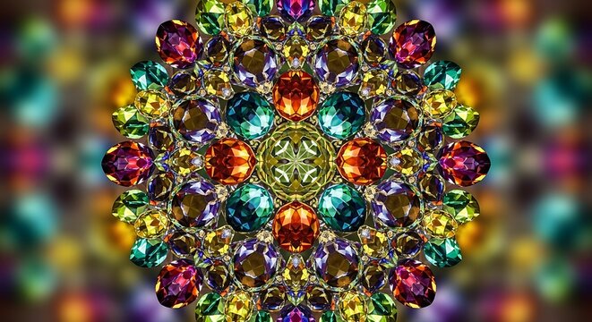 A mandala made from rainbow colored crystals