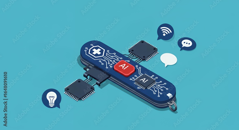 Poster ai-integrated multi-purpose tool with circuit patterns and communication symbols, modern technology 