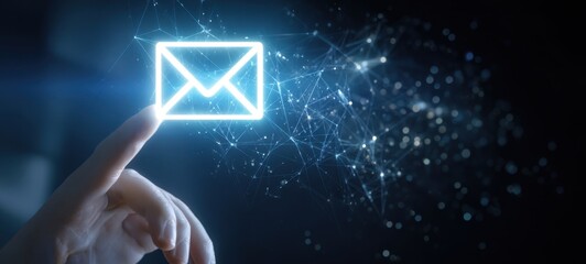 The glowing email envelope icon being touched by a finger in a digital network