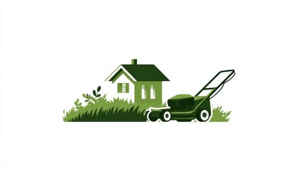 Lawn mower trimming verdant grass near residential property, surrounded by lush greenery, representing professional landscaping and yard maintenance services