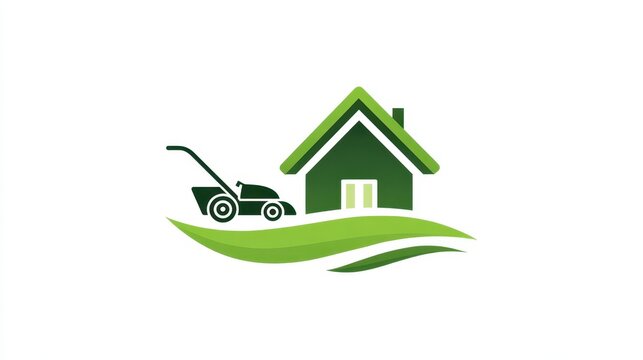 Green lawn mower cutting verdant grass near modern green house, creating precise lawn pattern ideal for landscaping brand identity