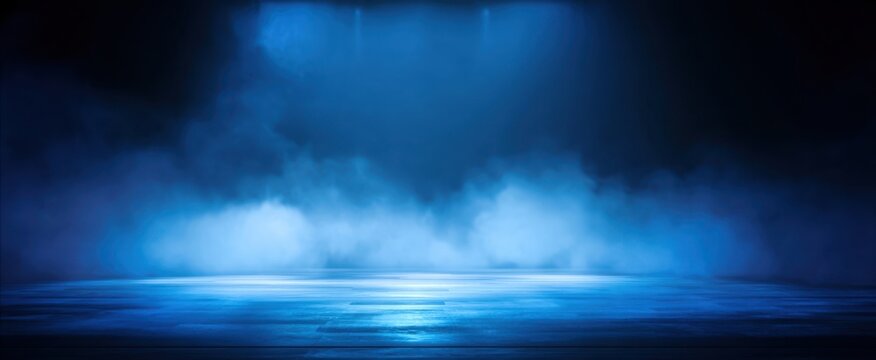 Fototapeta [The Blue Foggy Stage Bathed in Moody Overhead Light With Reflective Wet Floor]