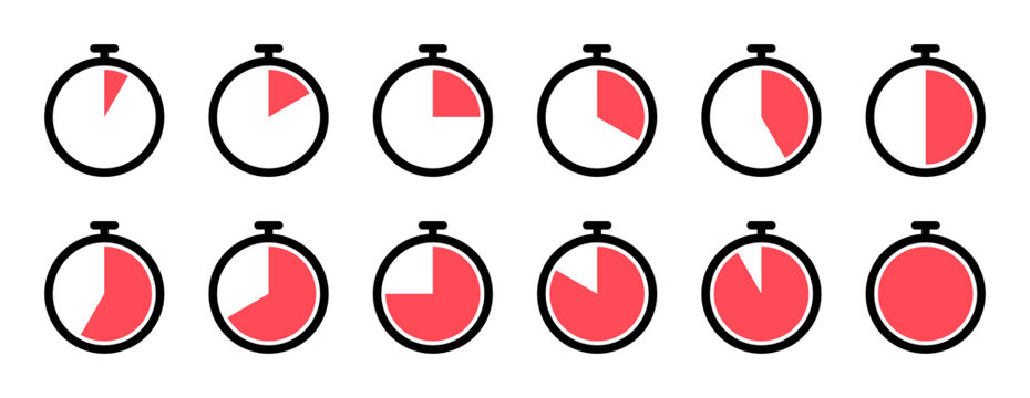Stopwatch Timing Icons. Set of Clock Timer Icons with Countdown Intervals. Stopwatch Clock with Different Time Segments Vector. 