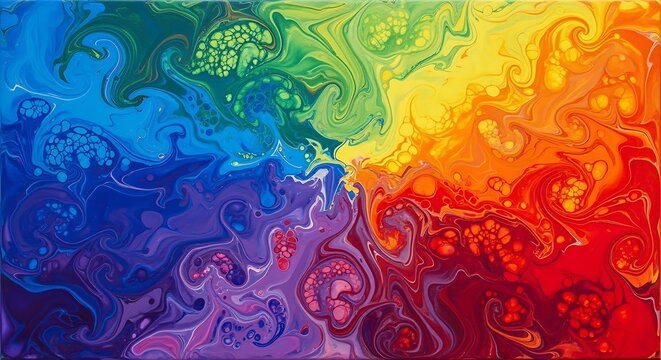 Abstract fluid painting in swirling rainbow tones