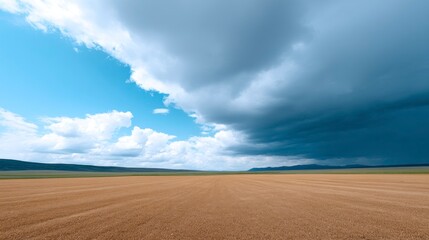 Dramatic storm clouds moving across rural farmland under blue sky  