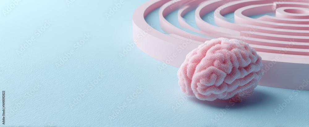 Poster the brain beside a circular maze symbolizing decision making and creative problem solving