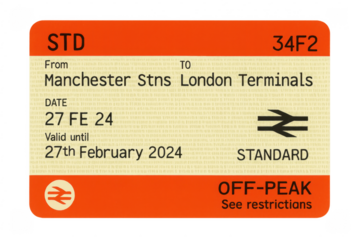 Standard off-peak train ticket from manchester to london terminals on transparent background